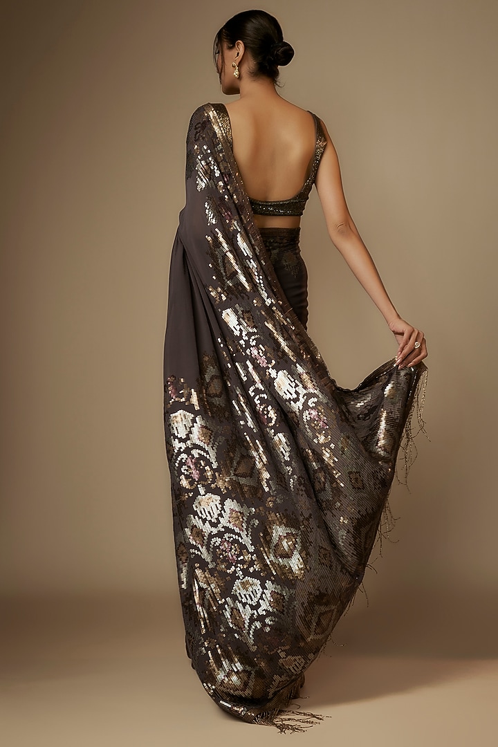 Charcoal Chiffon Sequins Embroidered Bridal Saree Set by Nakul Sen at Pernia's Pop Up Shop