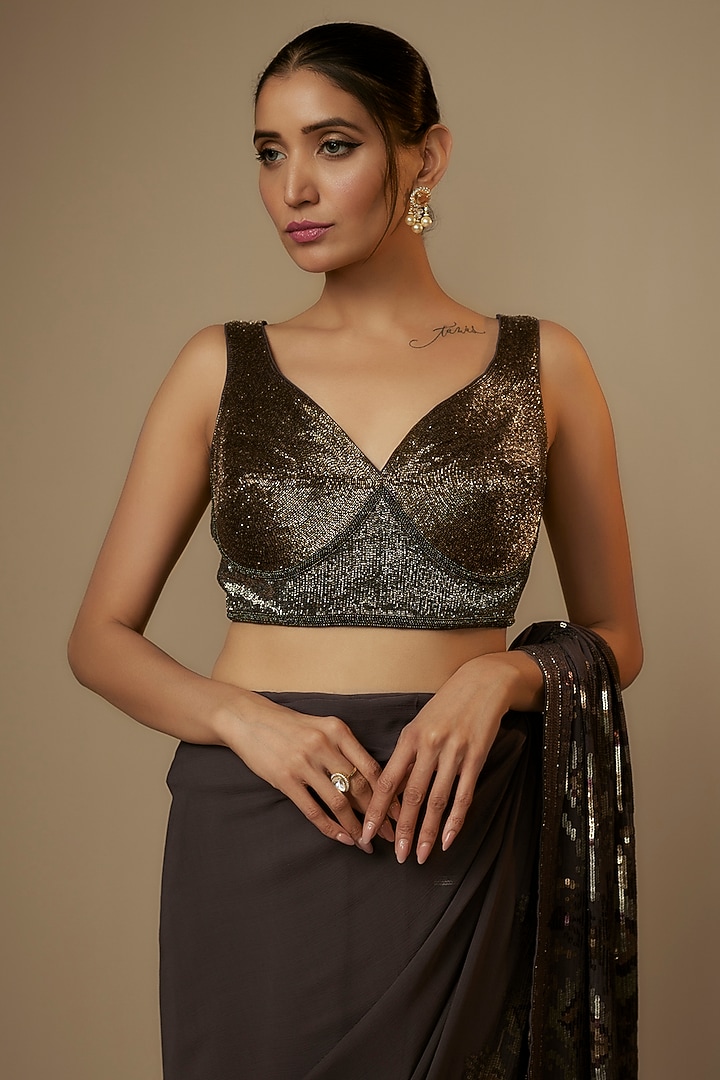 Charcoal Chiffon Sequins Embroidered Bridal Saree Set by Nakul Sen at Pernia's Pop Up Shop