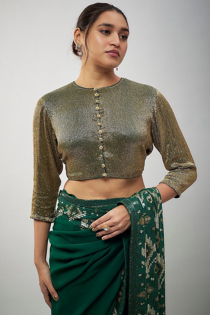 Green Chiffon Sequins Embroidered Bridal Saree Set by Nakul Sen at Pernia's Pop Up Shop