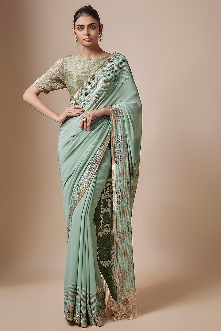 Porcelain Blue Chiffon Sequins Embroidered Striped Saree Set by Nakul Sen
