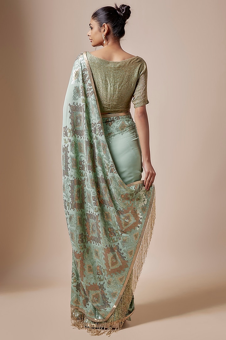 Porcelain Blue Chiffon Sequins Embroidered Striped Bridal Saree Set by Nakul Sen at Pernia's Pop Up Shop