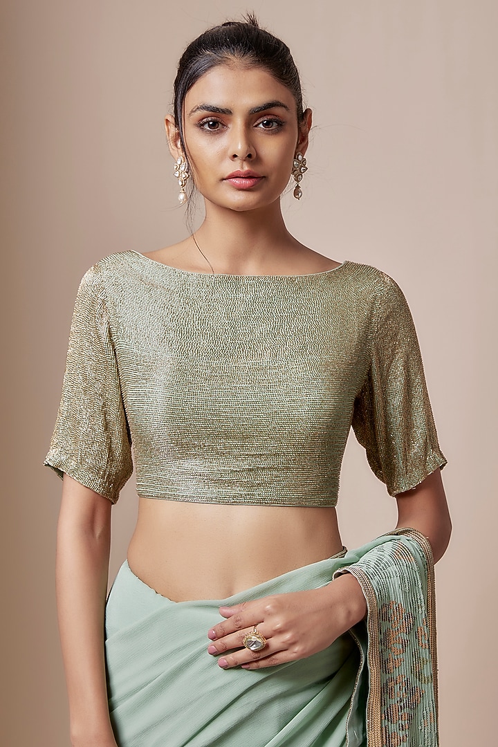 Porcelain Blue Chiffon Sequins Embroidered Striped Bridal Saree Set by Nakul Sen at Pernia's Pop Up Shop