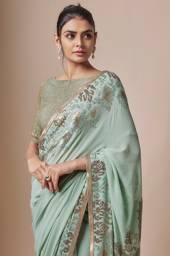 Porcelain Blue Chiffon Sequins Embroidered Striped Bridal Saree Set by Nakul Sen at Pernia's Pop Up Shop