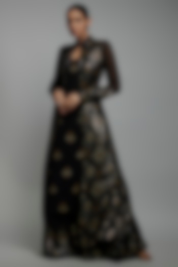 Black Chiffon Sequins Embroidered Jacket Set by Nakul Sen at Pernia's Pop Up Shop