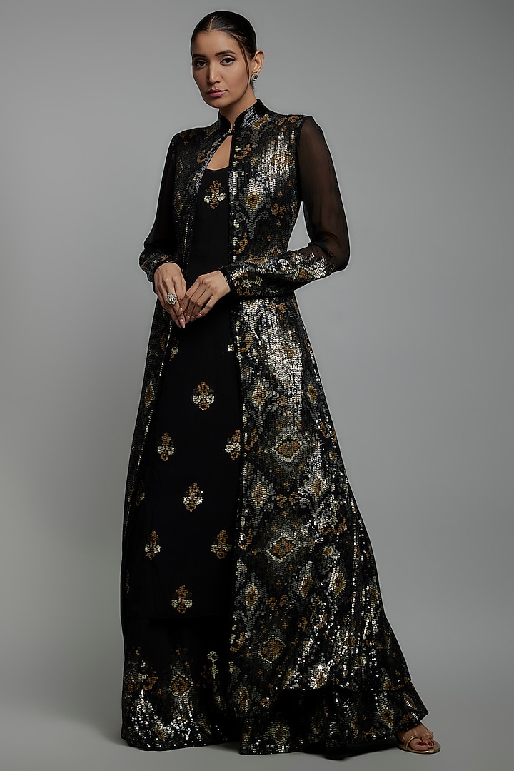 Black Chiffon Sequins Embroidered Jacket Set by Nakul Sen at Pernia's Pop Up Shop