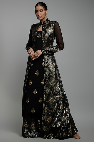 Black Chiffon Sequins Embroidered Jacket Set by Nakul Sen
