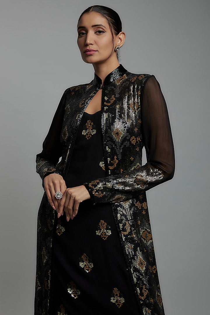 Black Chiffon Sequins Embroidered Jacket Set by Nakul Sen at Pernia's Pop Up Shop