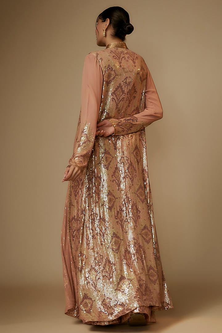 Kadambari Pink Chiffon Sequins Embroidered Jacket Set by Nakul Sen at Pernia's Pop Up Shop