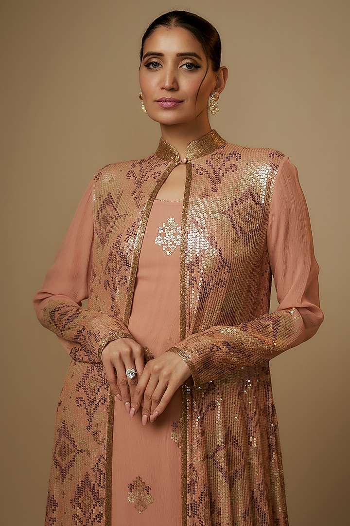 Kadambari Pink Chiffon Sequins Embroidered Jacket Set by Nakul Sen at Pernia's Pop Up Shop