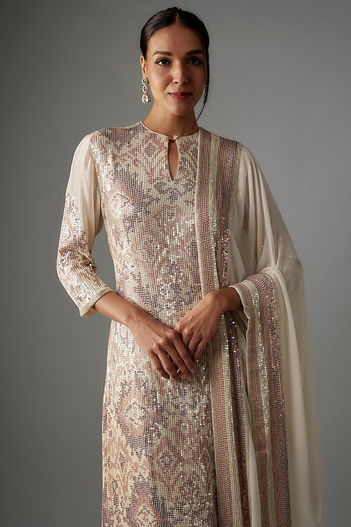 Ivory Chiffon Sequins Embroidered Kurta Set by Nakul Sen at Pernia's Pop Up Shop