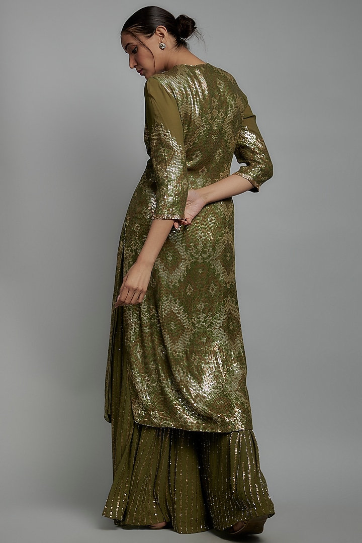 Army Green Chiffon Sequins Embroidered Bridal Sharara Set by Nakul Sen at Pernia's Pop Up Shop