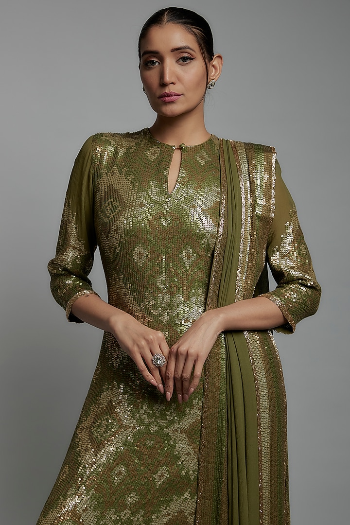 Army Green Chiffon Sequins Embroidered Bridal Sharara Set by Nakul Sen at Pernia's Pop Up Shop