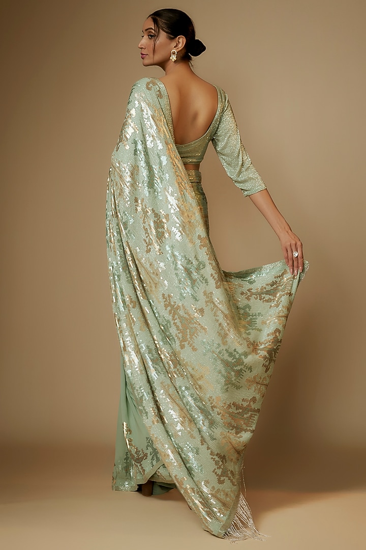 Porcelain Blue Chiffon Sequins Embroidered Bridal Saree Set by Nakul Sen at Pernia's Pop Up Shop