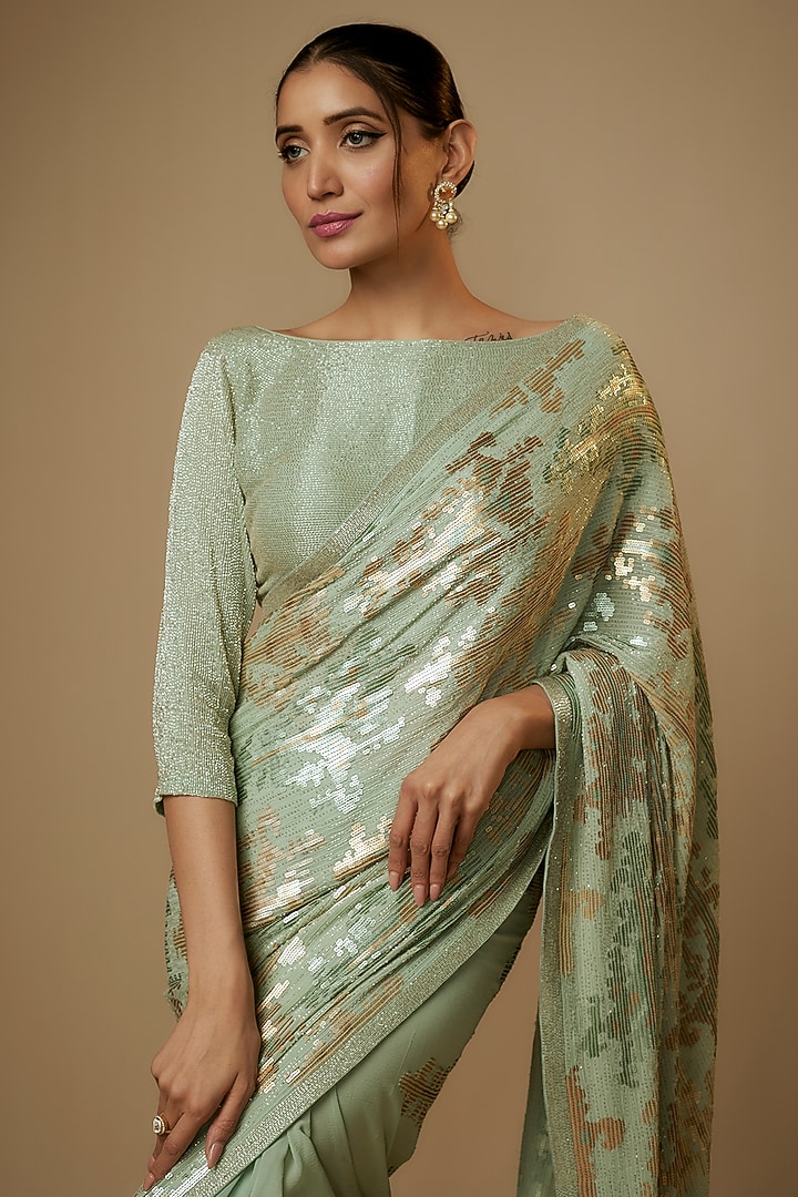 Porcelain Blue Chiffon Sequins Embroidered Bridal Saree Set by Nakul Sen at Pernia's Pop Up Shop