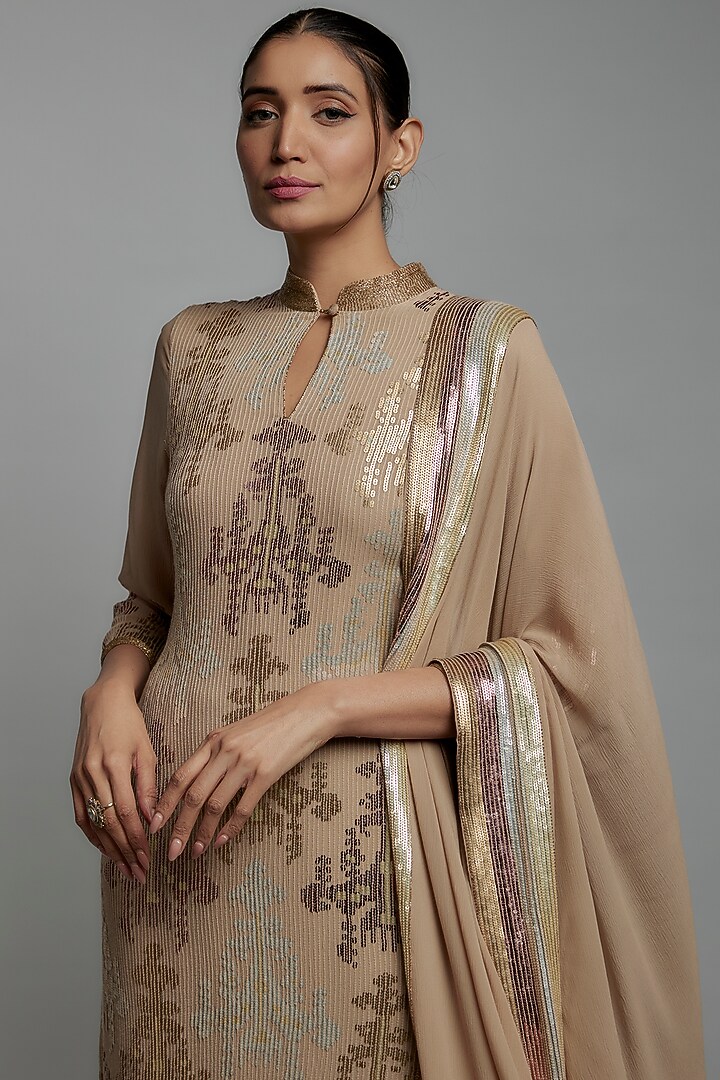 Beige Chiffon Sequins Embroidered Bridal Sharara Set by Nakul Sen at Pernia's Pop Up Shop