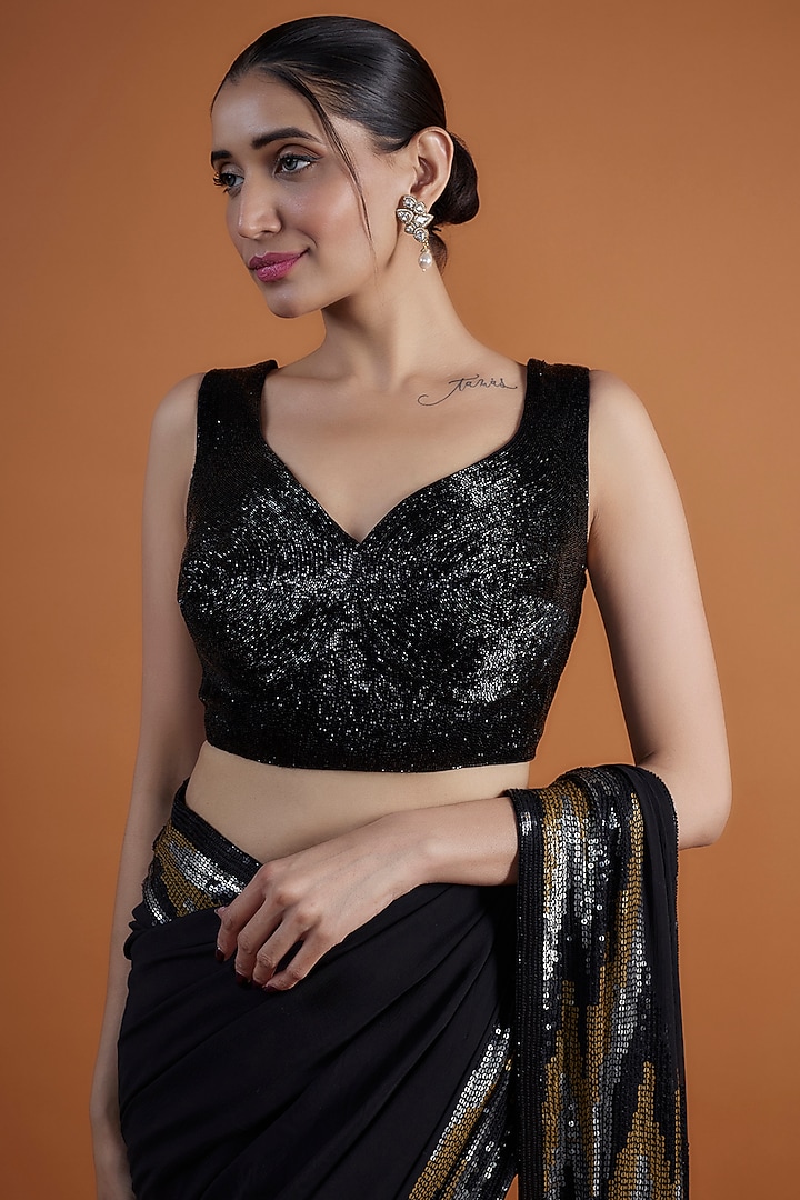 Black Chiffon Sequins Embroidered Bridal Saree Set by Nakul Sen at Pernia's Pop Up Shop