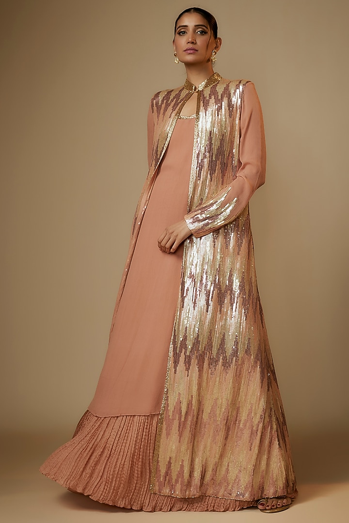 Kadambari Pink Chiffon Sequins Embroidered Jacket Set by Nakul Sen at Pernia's Pop Up Shop