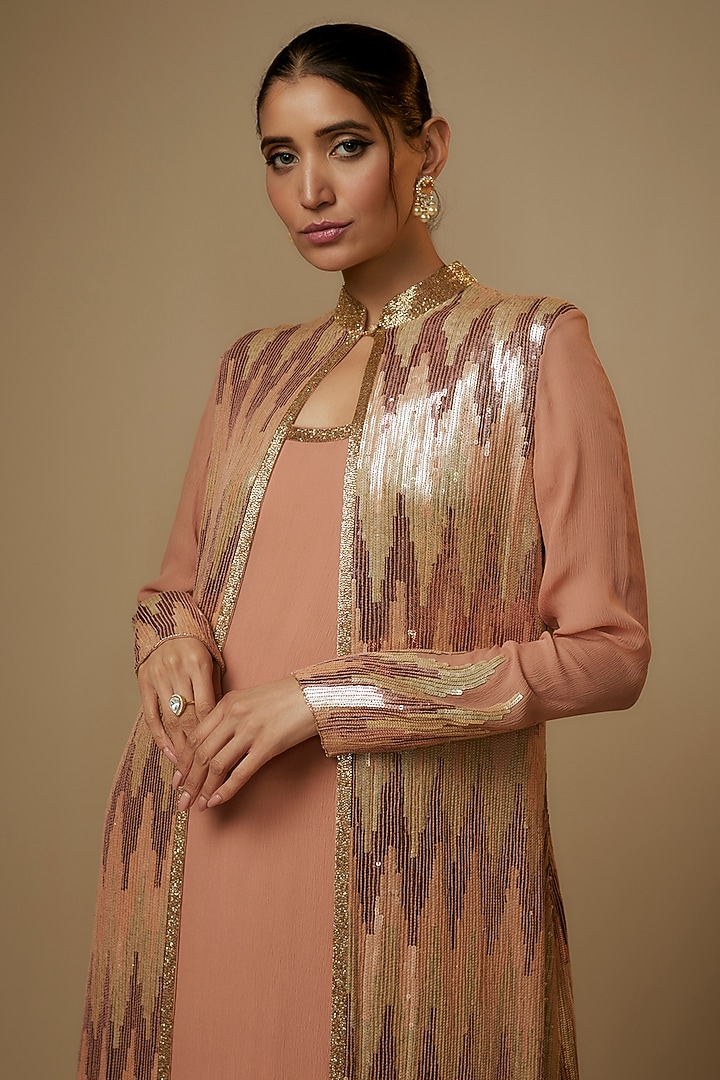 Kadambari Pink Chiffon Sequins Embroidered Jacket Set by Nakul Sen at Pernia's Pop Up Shop