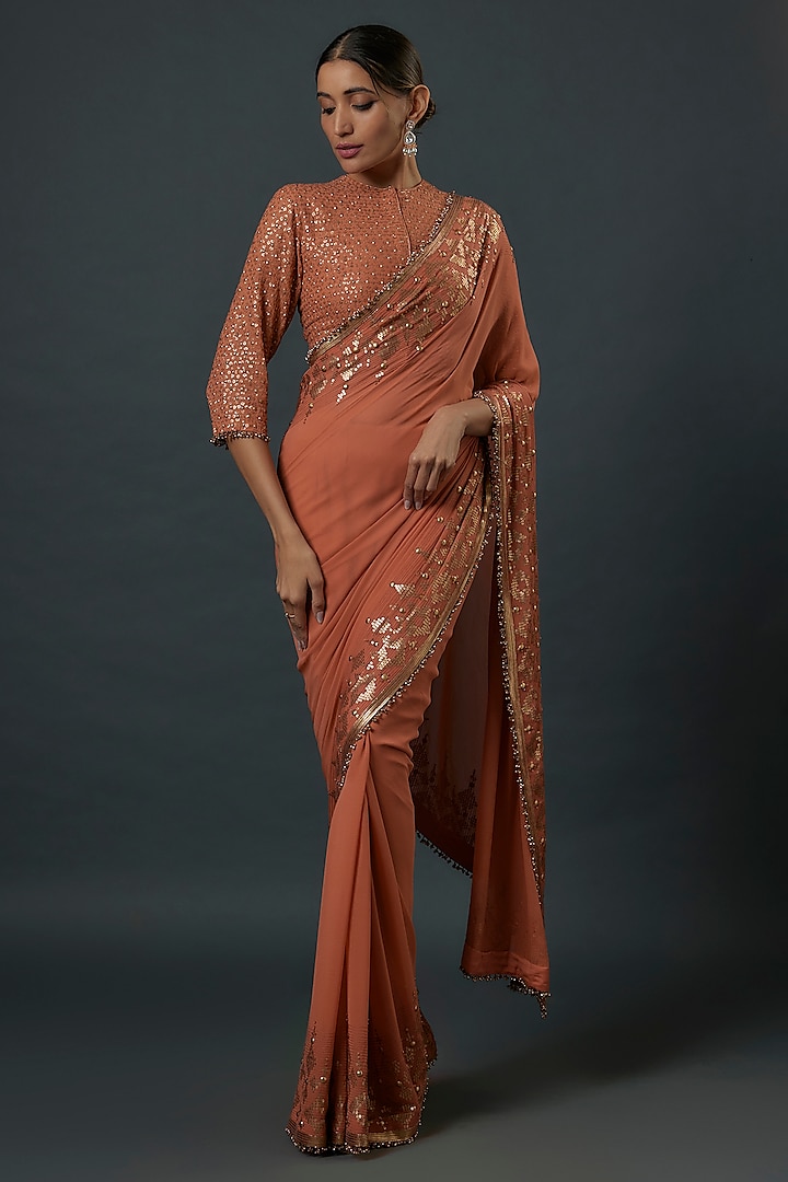 Coral Chiffon Sequins Embroidered Saree Set by Nakul Sen at Pernia's Pop Up Shop