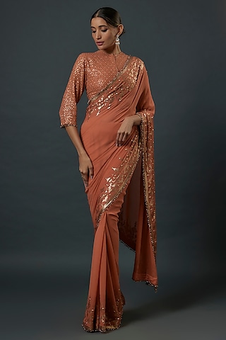 Coral Chiffon Sequins Embroidered Saree Set by Nakul Sen