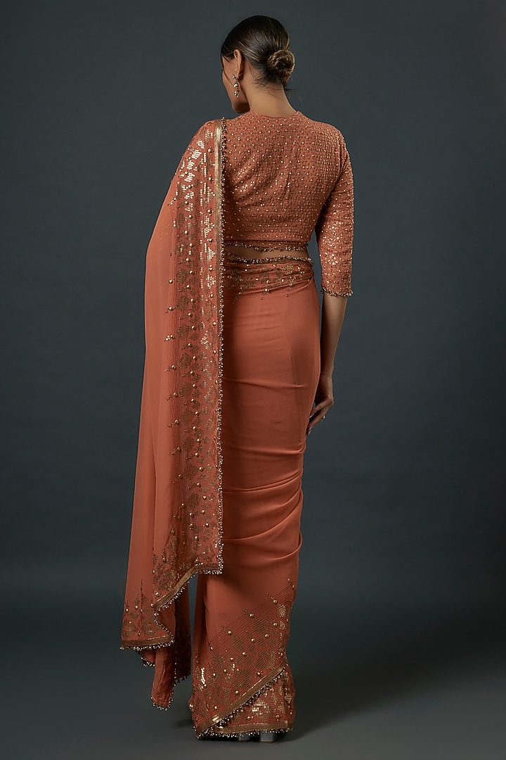 Coral Chiffon Sequins Embroidered Reception Saree Set by Nakul Sen at Pernia's Pop Up Shop