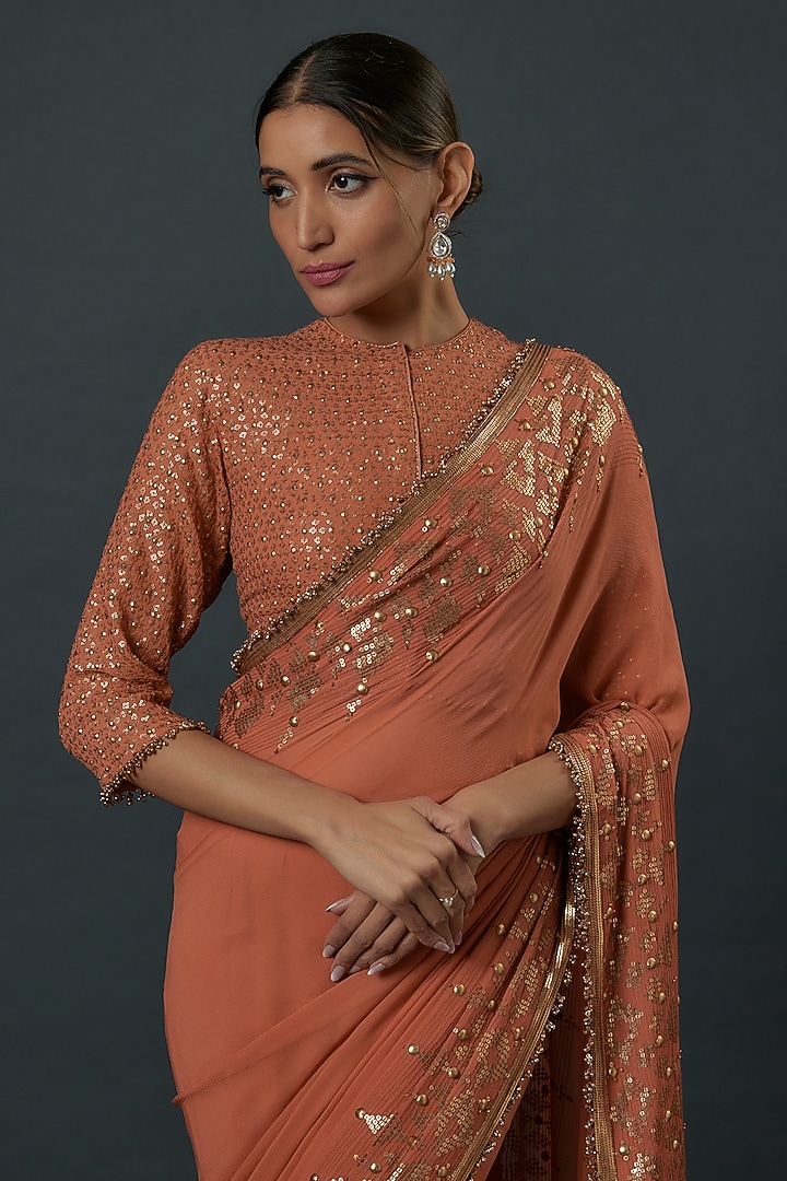 Coral Chiffon Sequins Embroidered Reception Saree Set by Nakul Sen at Pernia's Pop Up Shop