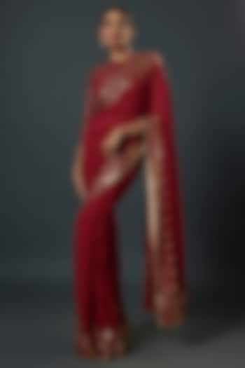 Red Chiffon Sequins Embroidered Saree Set by Nakul Sen at Pernia's Pop Up Shop