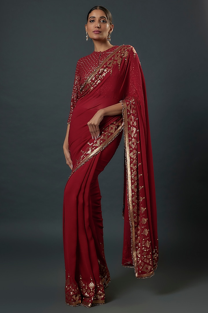 Red Chiffon Sequins Embroidered Saree Set by Nakul Sen at Pernia's Pop Up Shop