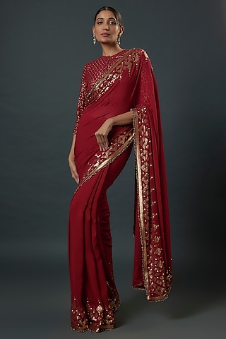 Red Chiffon Sequins Embroidered Saree Set by Nakul Sen