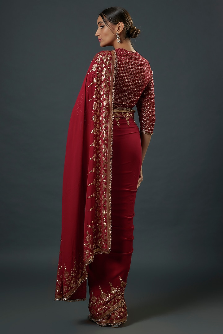 Red Chiffon Sequins Embroidered Reception Saree Set by Nakul Sen at Pernia's Pop Up Shop