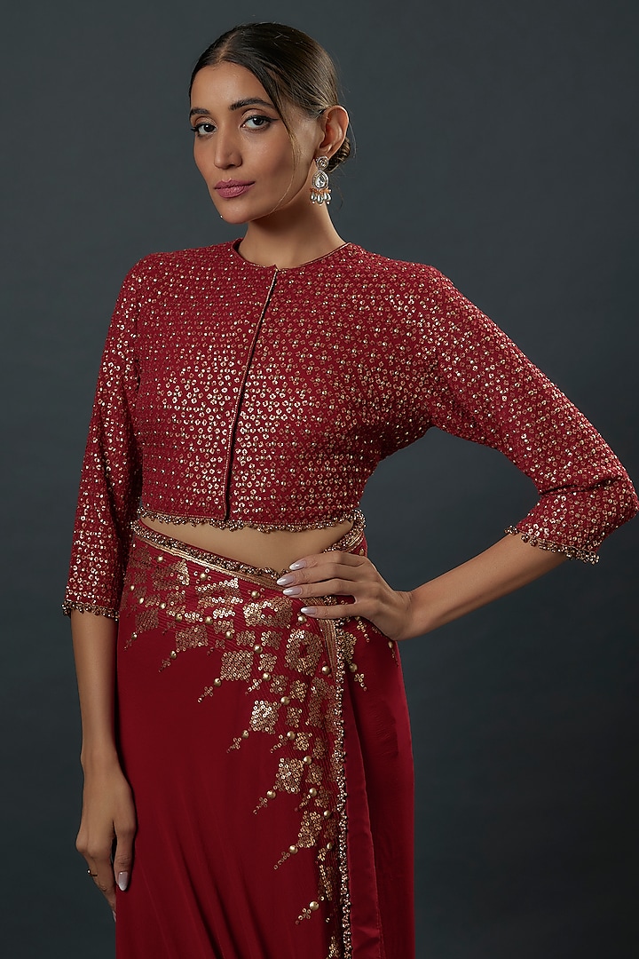 Red Chiffon Sequins Embroidered Reception Saree Set by Nakul Sen at Pernia's Pop Up Shop