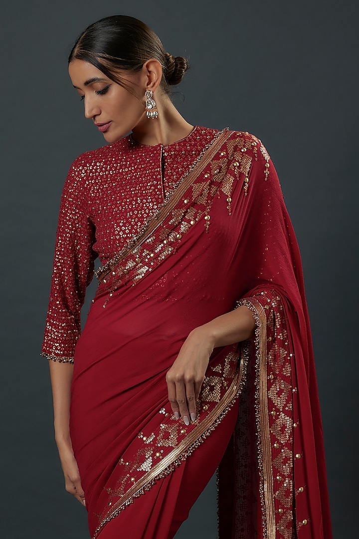 Red Chiffon Sequins Embroidered Reception Saree Set by Nakul Sen at Pernia's Pop Up Shop