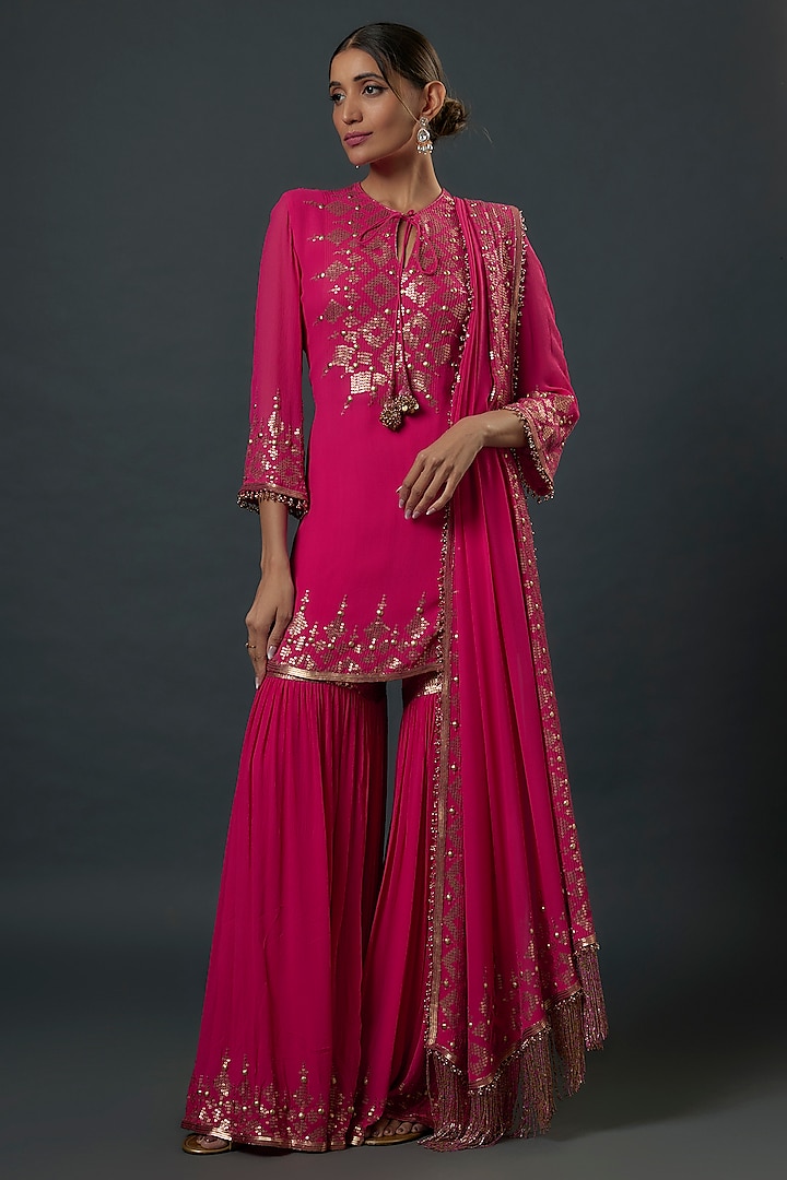 Rani Pink Chiffon Sequins Embroidered Sharara Set by Nakul Sen at Pernia's Pop Up Shop