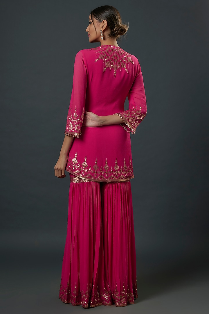 Rani Pink Chiffon Sequins Embroidered Bridal Sharara Set by Nakul Sen at Pernia's Pop Up Shop