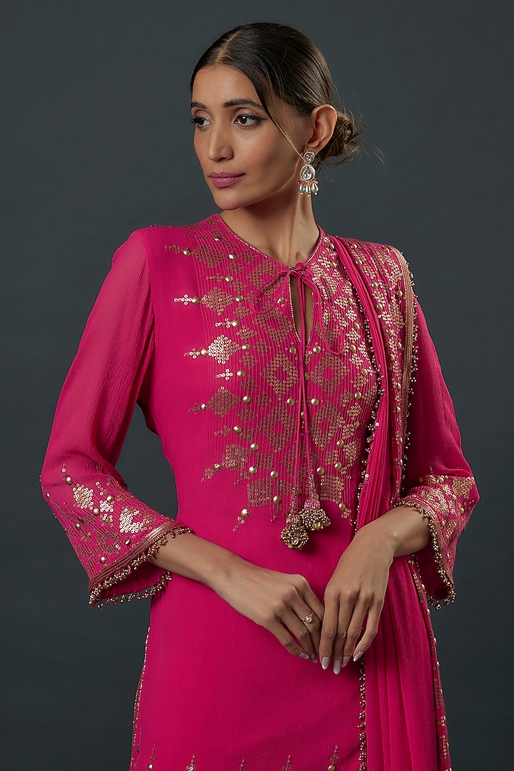 Rani Pink Chiffon Sequins Embroidered Bridal Sharara Set by Nakul Sen at Pernia's Pop Up Shop
