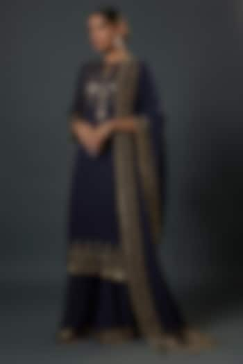 Navy Blue Chiffon Sequins Embroidered Sharara Set by Nakul Sen at Pernia's Pop Up Shop