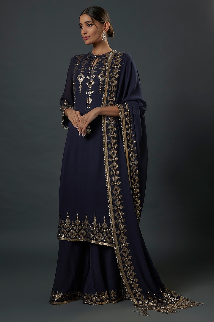 Navy Blue Chiffon Sequins Embroidered Sharara Set by Nakul Sen at Pernia's Pop Up Shop