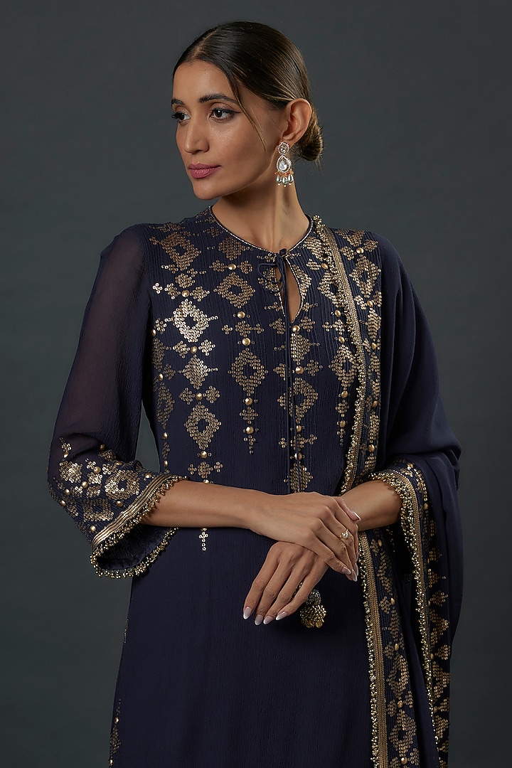 Navy Blue Chiffon Sequins Embroidered Bridal Sharara Set by Nakul Sen at Pernia's Pop Up Shop