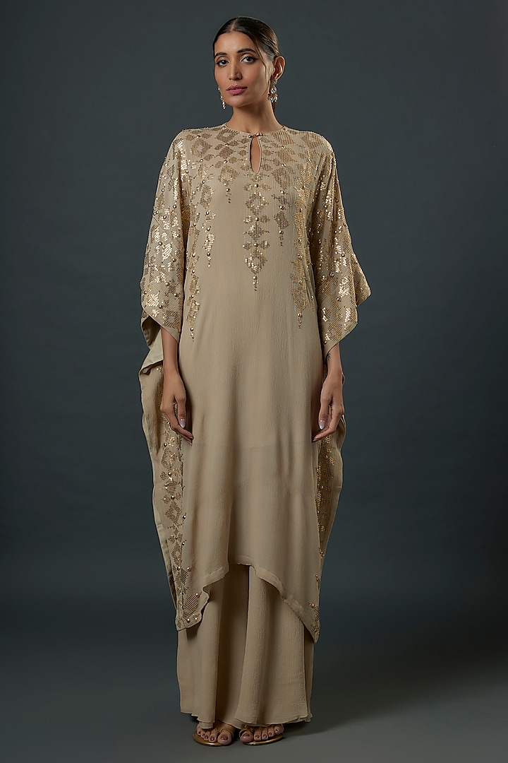 Mushroom-Colored Chiffon Sequins Embroidered Kaftan Set by Nakul Sen at Pernia's Pop Up Shop