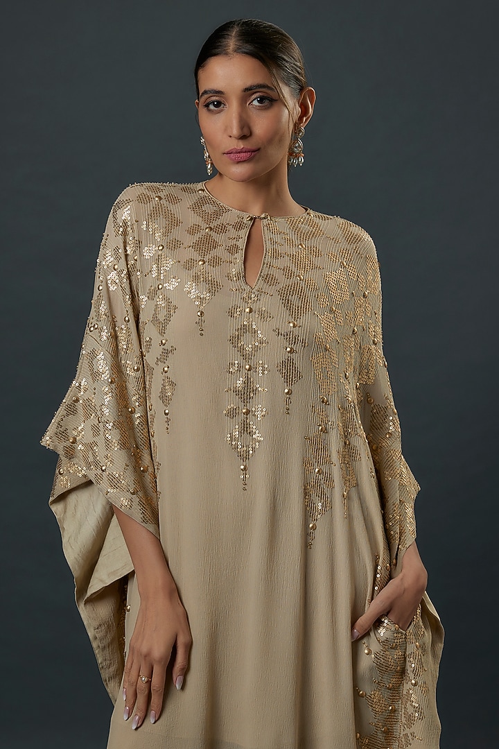 Mushroom-Colored Chiffon Sequins Embroidered Kaftan Set by Nakul Sen at Pernia's Pop Up Shop