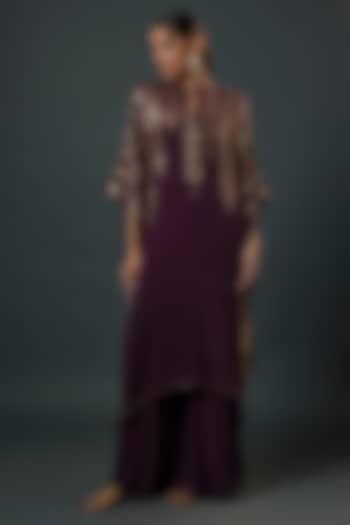 Aubergine Chiffon Sequins Embroidered Kaftan Set by Nakul Sen at Pernia's Pop Up Shop