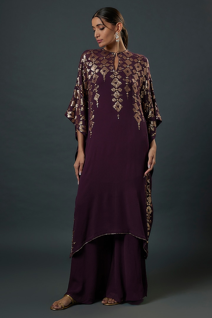 Aubergine Chiffon Sequins Embroidered Kaftan Set by Nakul Sen at Pernia's Pop Up Shop