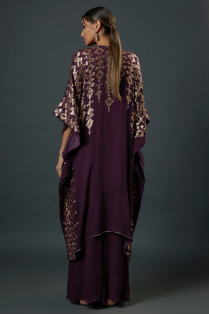 Aubergine Chiffon Sequins Embroidered Kaftan Set by Nakul Sen at Pernia's Pop Up Shop