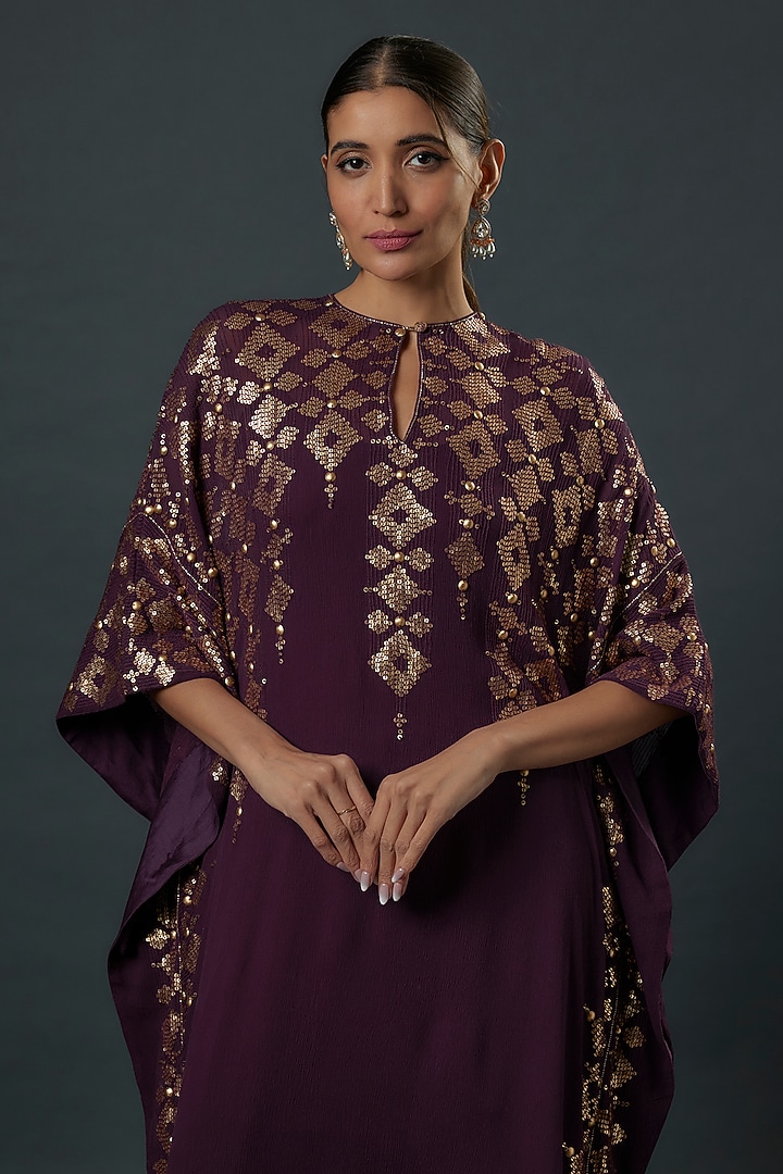 Aubergine Chiffon Sequins Embroidered Kaftan Set by Nakul Sen at Pernia's Pop Up Shop