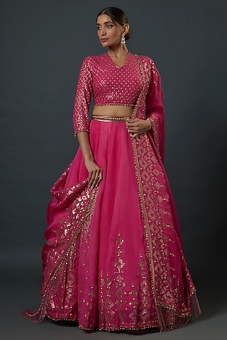 Rani Pink Chiffon Sequins Embroidered Lehenga Set by Nakul Sen
