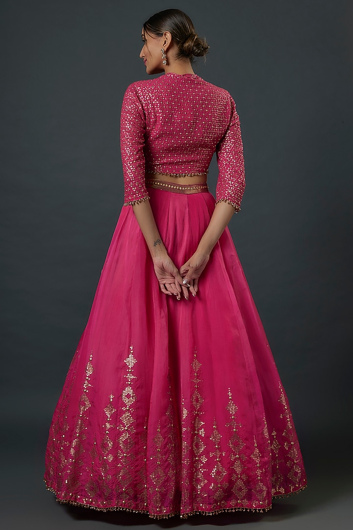 Rani Pink Chiffon Sequins Embroidered Bridal Lehenga Set by Nakul Sen at Pernia's Pop Up Shop