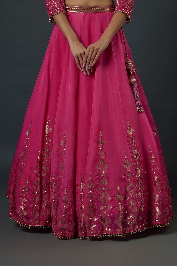 Rani Pink Chiffon Sequins Embroidered Bridal Lehenga Set by Nakul Sen at Pernia's Pop Up Shop