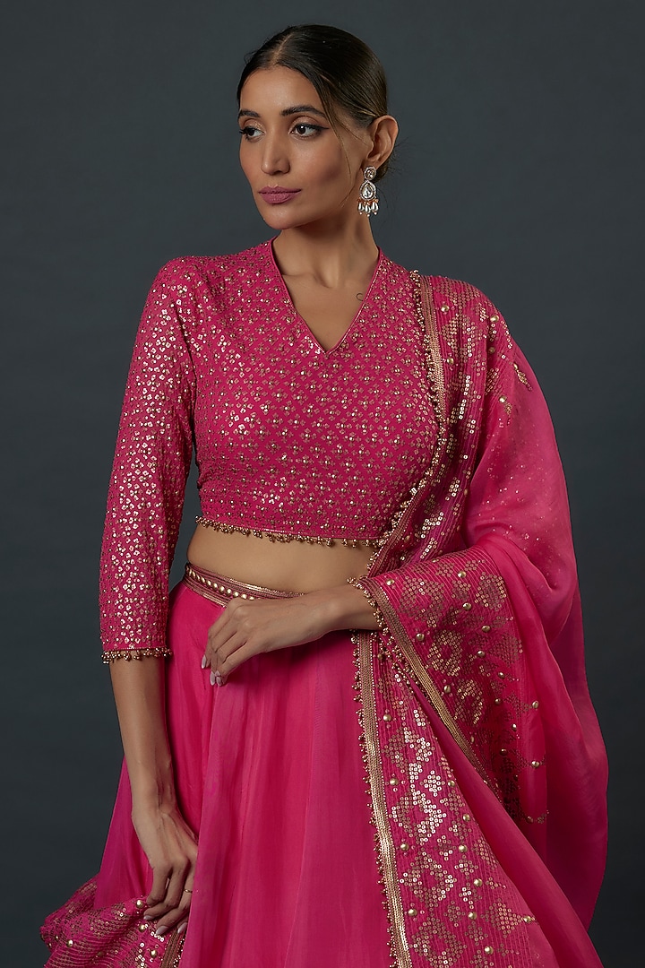 Rani Pink Chiffon Sequins Embroidered Bridal Lehenga Set by Nakul Sen at Pernia's Pop Up Shop