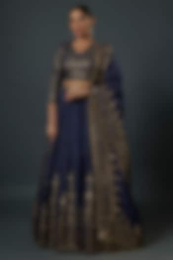 Navy Blue Chiffon Sequins Embroidered Bridal Lehenga Set by Nakul Sen at Pernia's Pop Up Shop