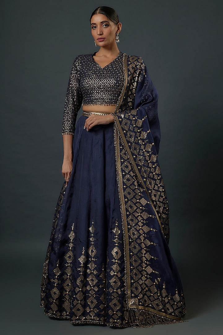 Navy Blue Chiffon Sequins Embroidered Bridal Lehenga Set by Nakul Sen at Pernia's Pop Up Shop